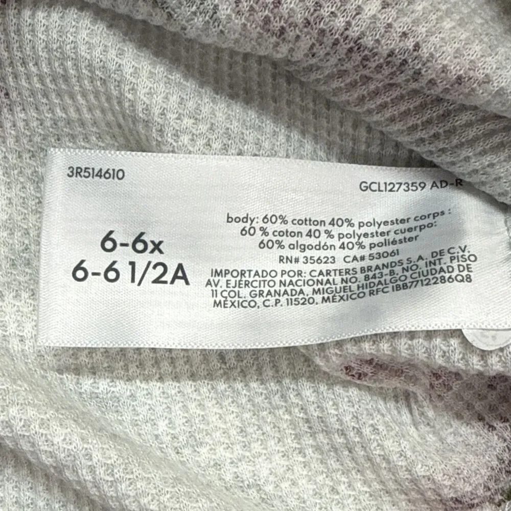 Carters Girls Sz 6/6x Thermal Waffleknit Grey Pink Floral Long Sleeve Shirt